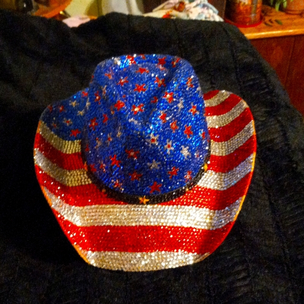 Vintage cowboy hat red white&blue stars and stripes.Hand Rhinestoned beautifully